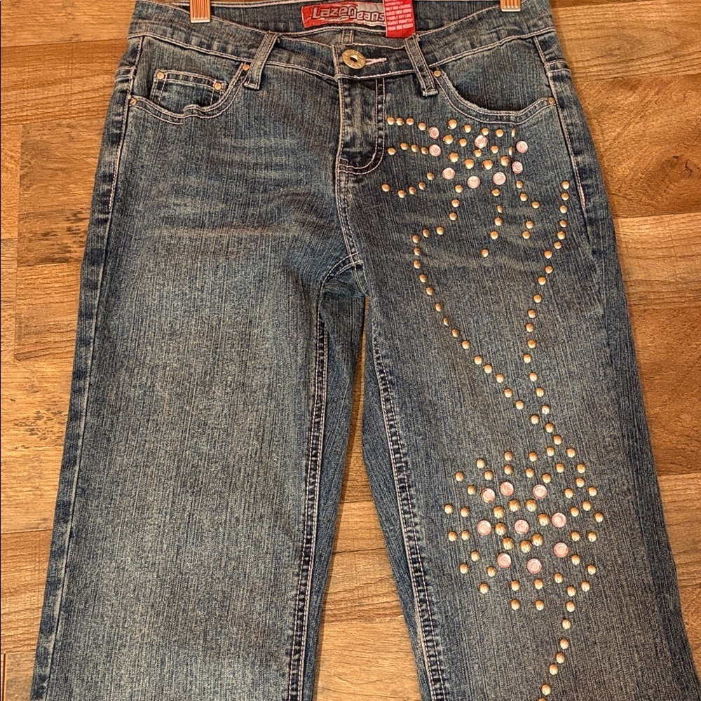 90s Y2K Lazer Embellished Denim Jeans Size 3 Juniors Pink & Silver Bedazzled